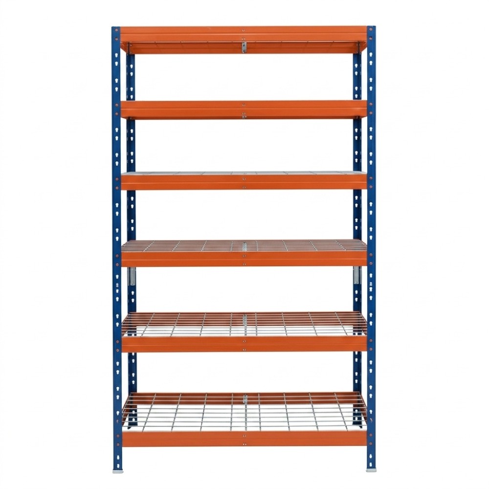 Kovový regál s 6 modro-oranžovými policemi, 252x90x45 cm