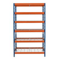 Kovový regál s 6 modro-oranžovými policemi, 252x90x45 cm