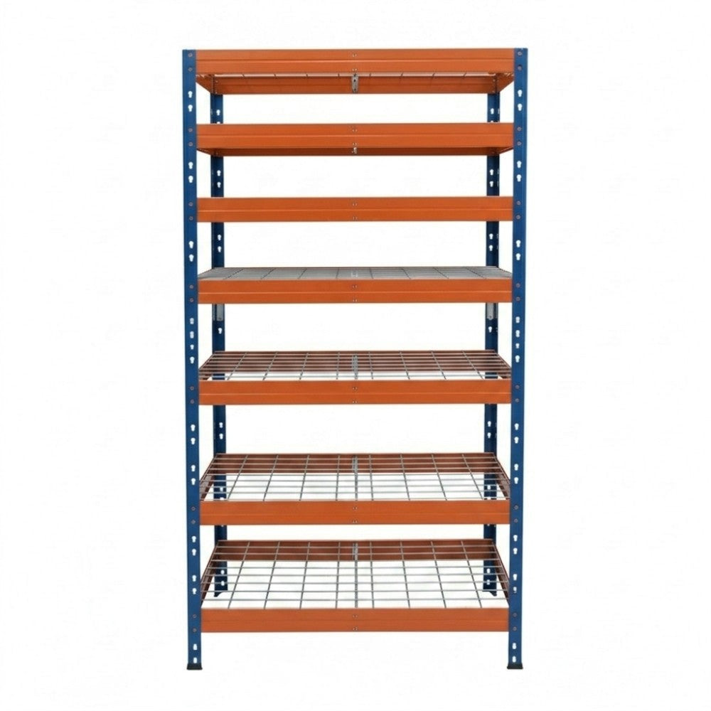 Niebiesko-pomarańczowy metalowy regał Rivet DRM 252x90x45 cm z 7 półkami