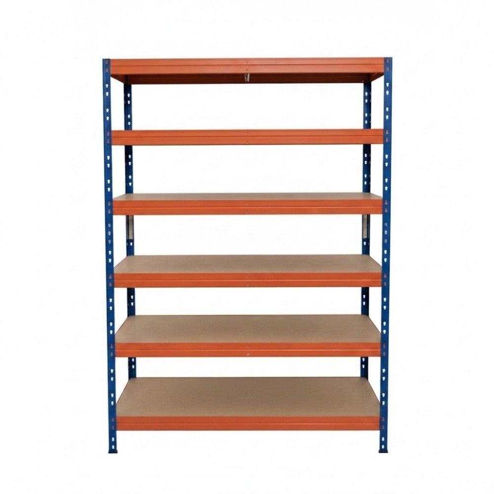 Estantería metálica sin tornillos RIVET PRO con tablero aglomerado 252x120x60cm 6 niveles azul naranja