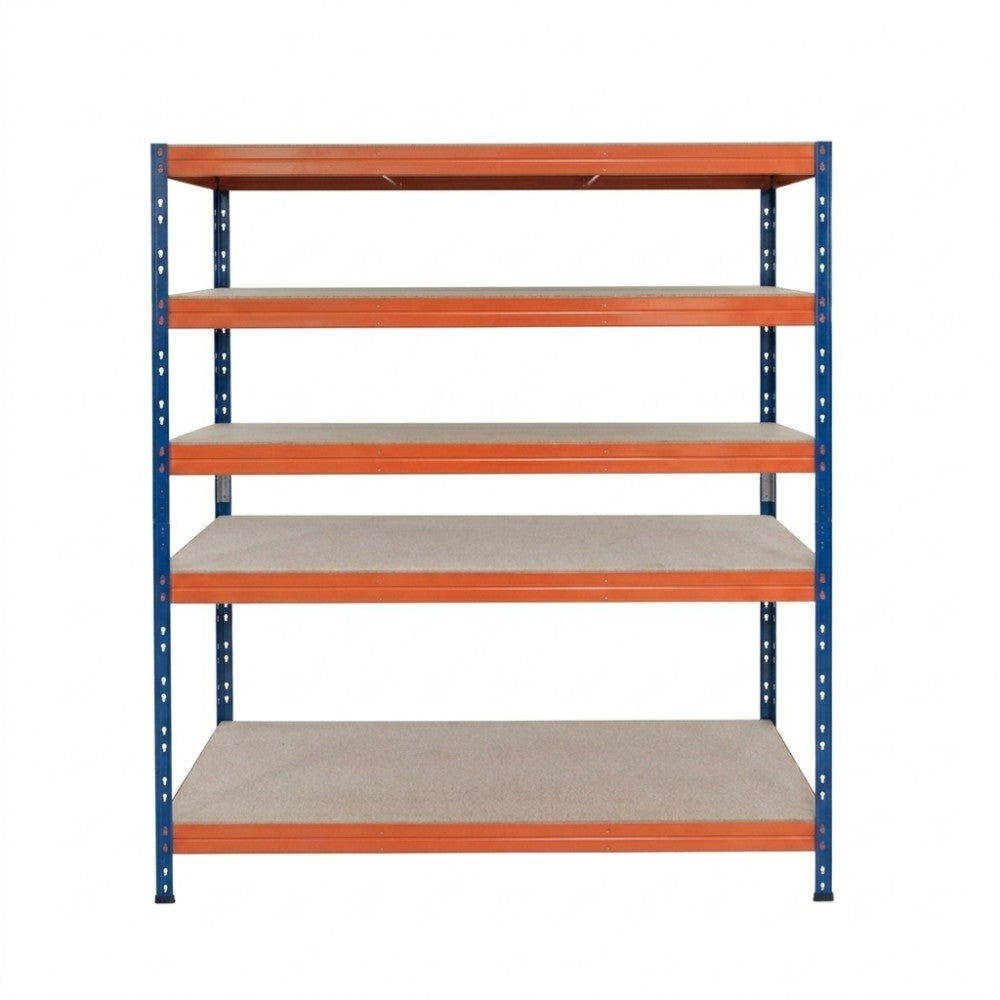 Estantería metálica sin tornillos RIVET PRO con tablero aglomerado 252x150x60cm 5 niveles azul naranja