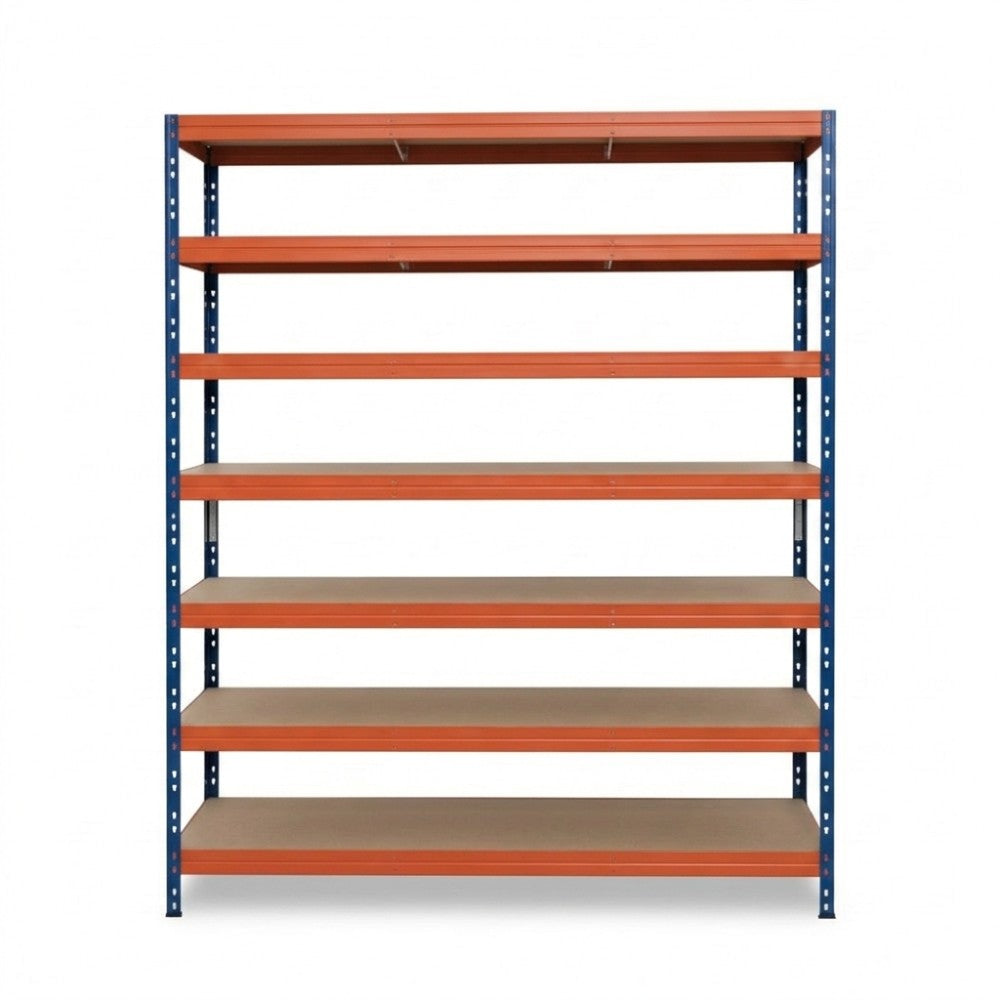 Estantería metálica sin tornillos RIVET PRO con tablero aglomerado 252x150x60cm 7 niveles azul naranja