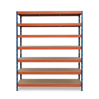 Estantería metálica sin tornillos RIVET PRO con tablero aglomerado 252x150x60cm 7 niveles azul naranja