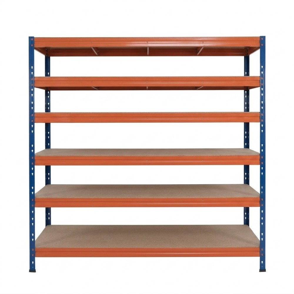 Estantería metálica sin tornillos RIVET PRO con tablero aglomerado 252x180x60cm 6 niveles azul naranja