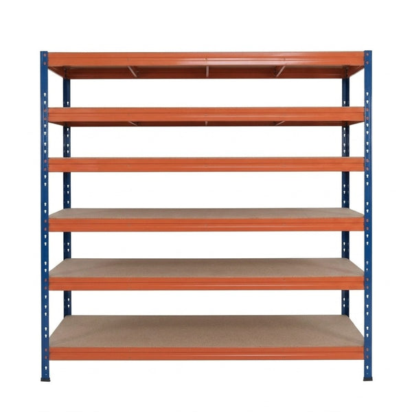 Modrý a oranžový kovový regál Rivet DTD 252x180x45 cm se 6 policemi