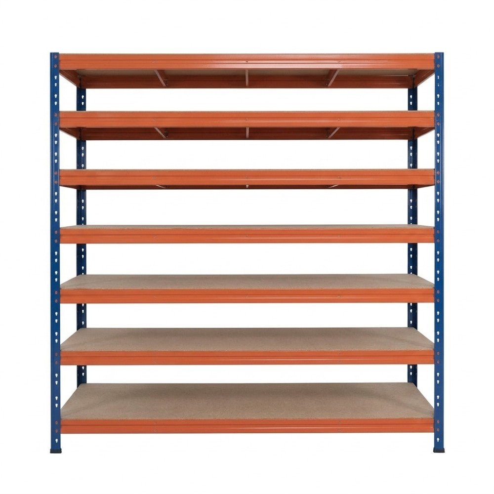 Estantería metálica sin tornillos RIVET PRO con tablero aglomerado 252x180x60cm 7 niveles azul naranja