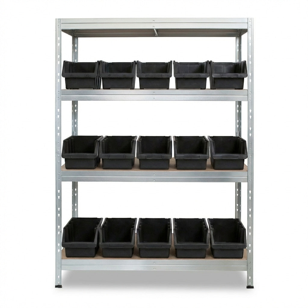 Verzinktes Metallregal 4 Ebenen mit schwarzen Ergoboxen, robust und praktisch