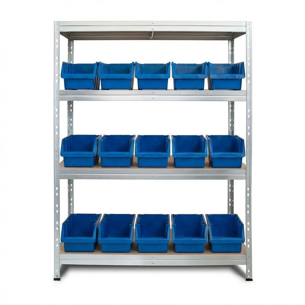 Verzinktes Metallregal 4 Ebenen mit blauen Ergoboxen, langlebig und funktional