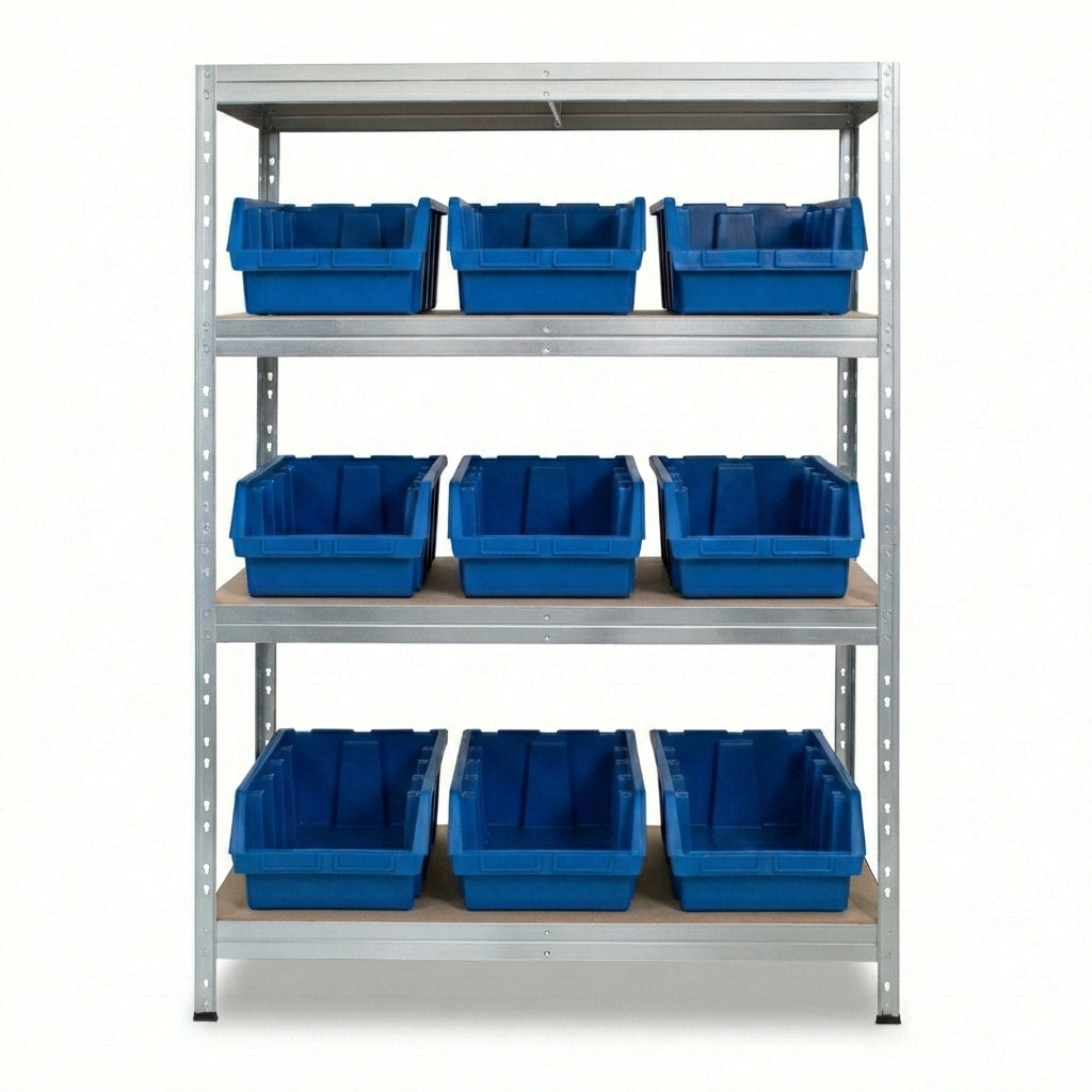 Metallregal 120x45 cm mit 4 Ebenen und blauen Ergobox5 Behältern