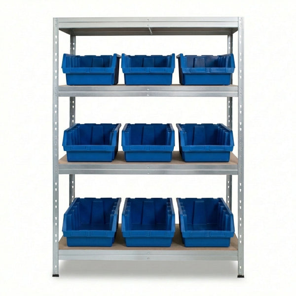 Metallregal 120x45 cm mit 4 Ebenen und blauen Ergobox5 Behältern