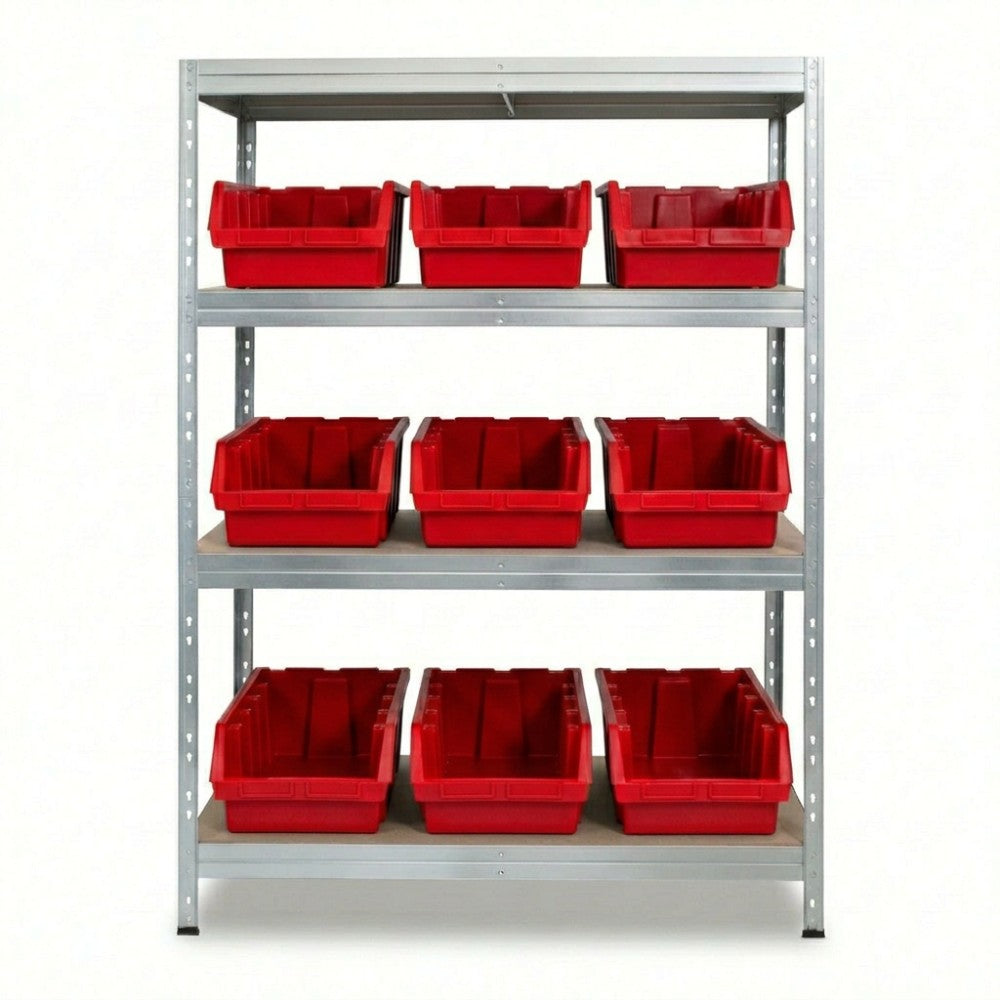 Metallregal 120x45 cm mit 4 Ebenen und roten Ergobox5 Behältern