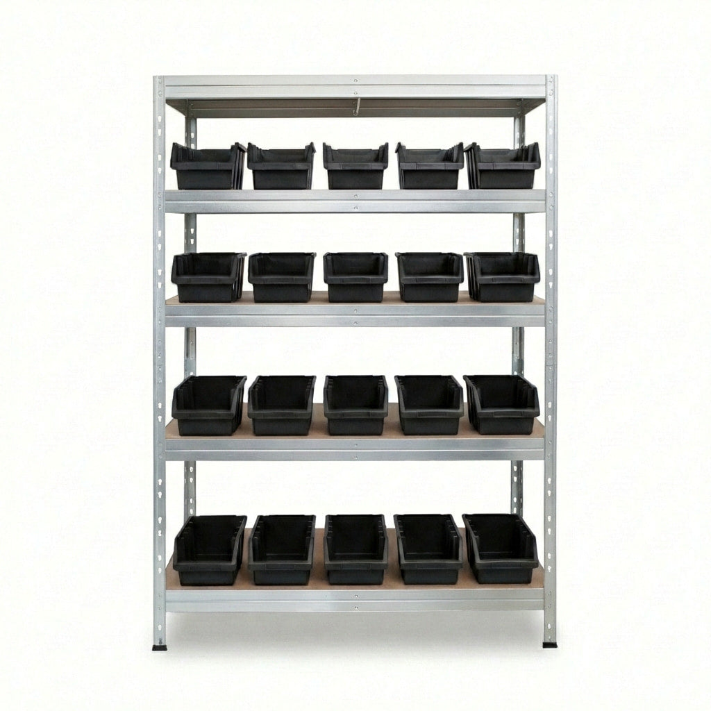 Metallregal 120x45 cm mit 5 Ebenen und schwarzen Ergobox4 Behältern