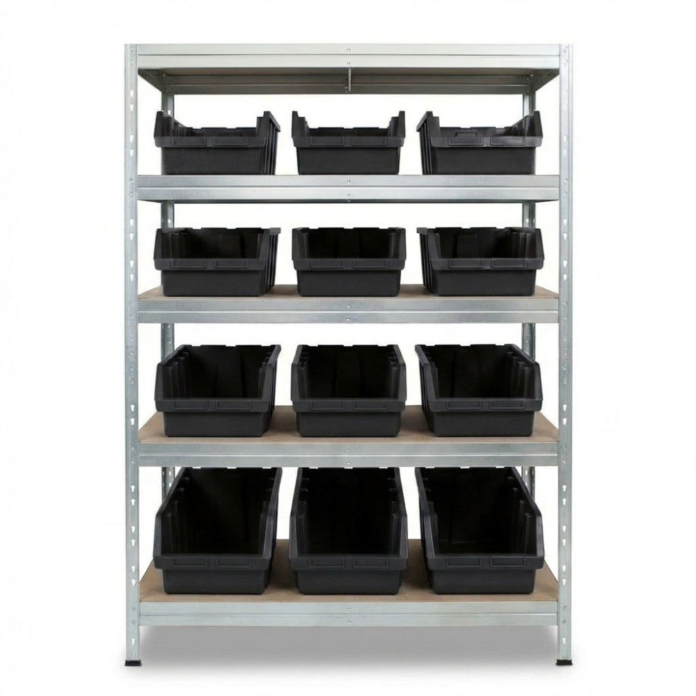 Metallregal 120x45 cm mit 5 Ebenen und schwarzen Ergobox5 Behältern