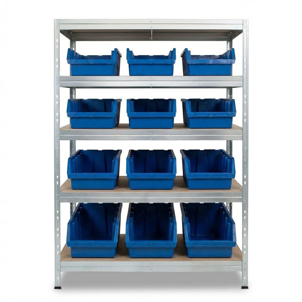 120x45 cm-es fém polc 5 szinttel és kék Ergobox5 dobozokkal