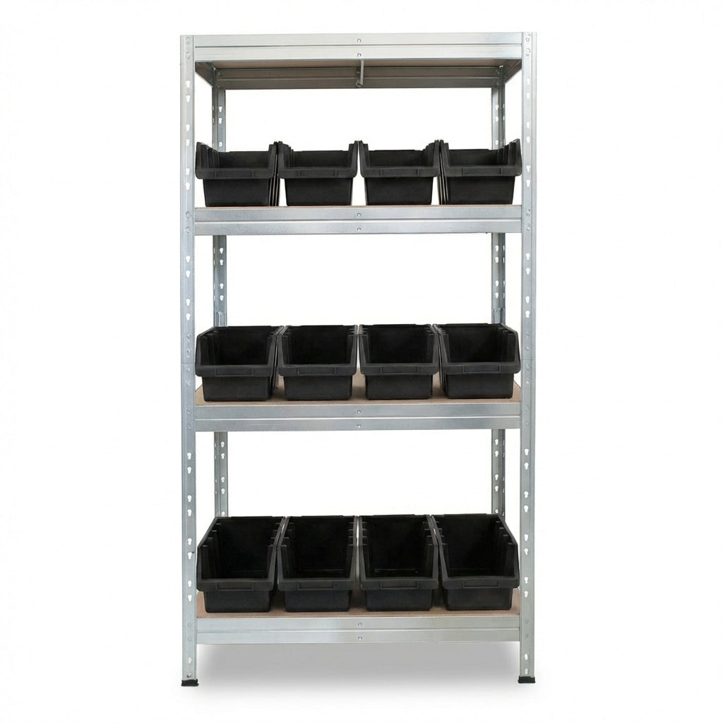 Galvanizovaný kovový regál 90x45 cm so štyrmi policami a čiernymi boxmi Ergobox4
