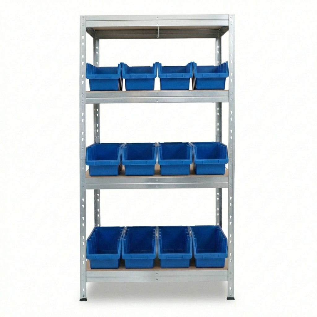 Metallregal 90x45 cm mit 4 Ebenen und blauen Ergobox4 Behältern