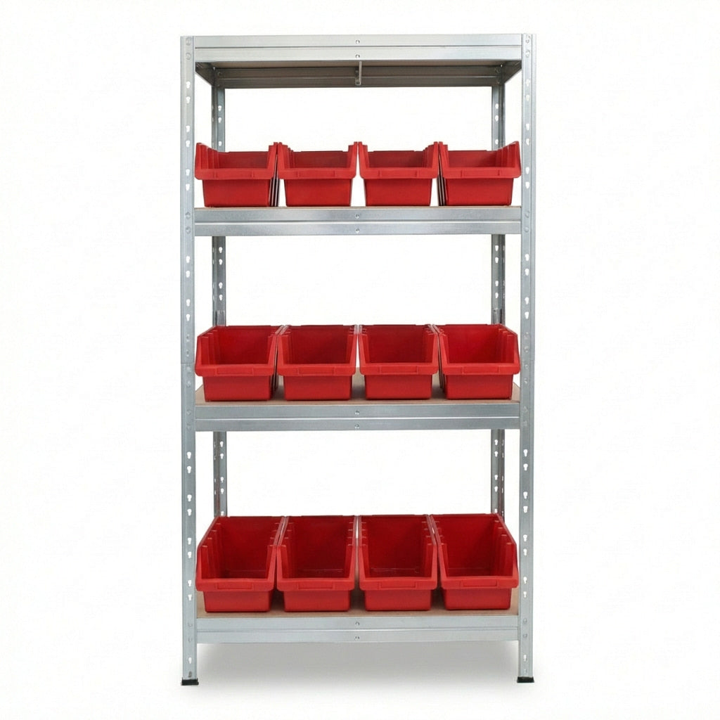Galvanizovaný kovový regál 90x45 cm so štyrmi policami a červenými boxmi Ergobox4