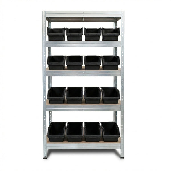 Metallregal 90x45 cm mit 5 Ebenen und schwarzen Ergobox4 Behältern
