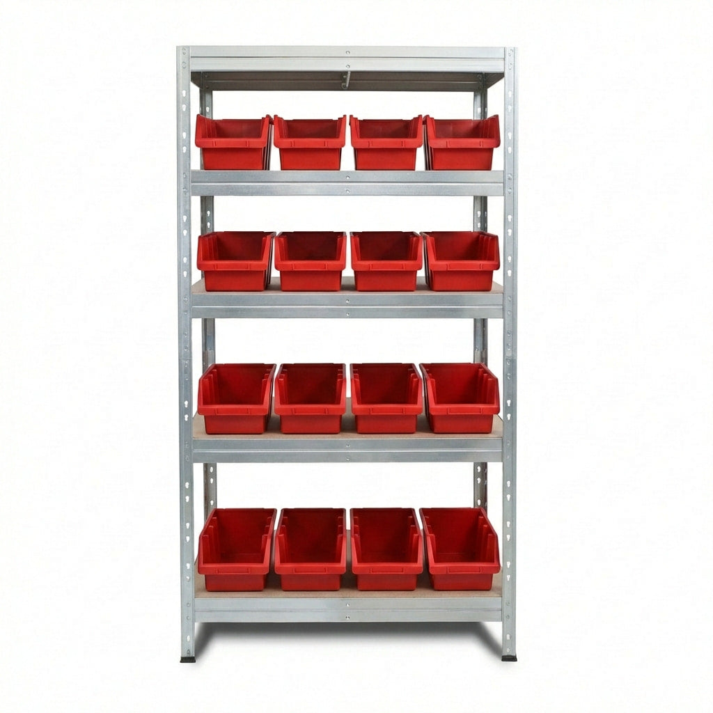 Galvanizovaný kovový regál 90x45 cm s piatimi policami a červenými boxmi Ergobox4