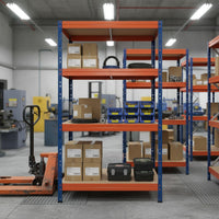 Schwerlastregal RIVET PRO 252x150x60cm Spanplatte 6 Böden Blau-Orange