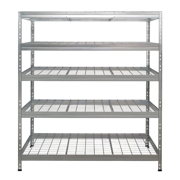 Galvanizovaný drôtený regál Rivet Pro s piatimi policami, šírka 150 cm, pohľad spredu