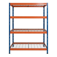 Kék-narancssárga fém polc 4 szinttel, 120x45 cm, elölnézet