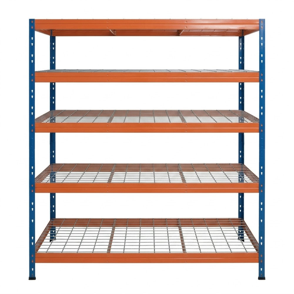 Blau-orange Metallregal mit 5 Ebenen, 150 cm breit