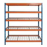 Blau-orange Metallregal mit 5 Ebenen, 150 cm breit