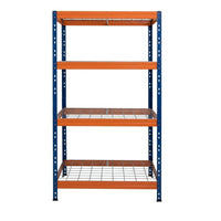 Modro-oranžový kovový regál so štyrmi policami, rozmery 90x45 cm, pohľad spredu